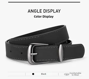 Close-up of black leather belt with gunmetal buckle and neat stitching detail