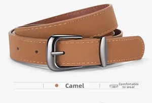 Detail view of camel faux suede belt with gunmetal buckle and precise tonal stitching