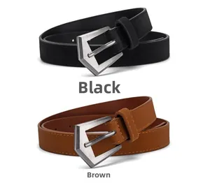 Detail of vintage matte PU leather belts with geometric pentagon buckle in black and brown