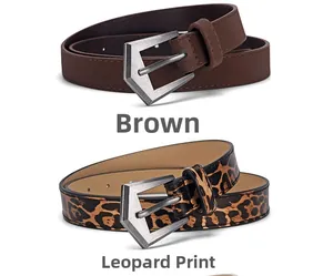 Detail view of vintage dark brown matte and leopard print belts with silver metal buckles