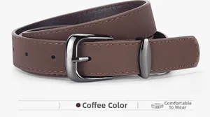 Detail of coffee brown faux suede belt featuring polished dark metal buckle and stitching
