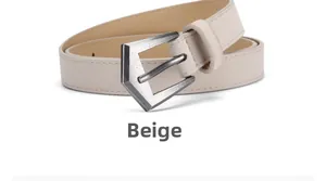 Close-up of beige faux leather belt featuring a unique silver pentagon geometric buckle