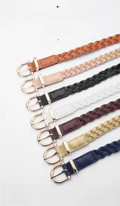 Collection of braided cowhide leather belts with gold buckles in seven various colors