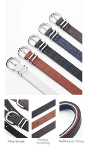Detail view of crocodile pattern belts featuring alloy buckles and precise edge finishing