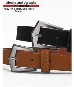 Detail of the solid alloy pin buckle on a vintage matte PU belt with high-quality finish