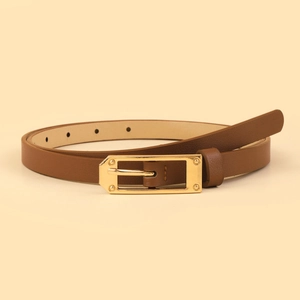 Minimalist women's slim leather belt with a polished gold alloy buckle in dark brown color