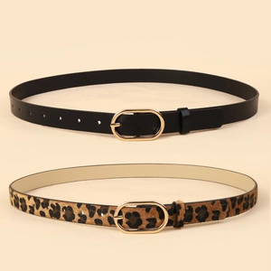 Set of black and leopard print faux horsehair belts with oval golden metal buckles