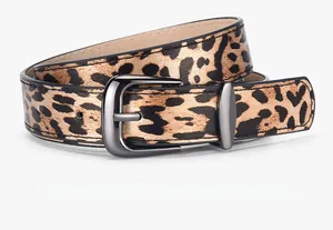 Detailed close-up of leopard print belt with dark gray metal buckle on white background