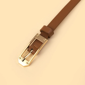Fashionable brown slim leather belt with a golden alloy buckle for women's dresses and sweaters