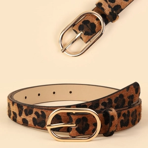 Leopard print faux calf hair belt with elegant gold oval buckle for women's jeans