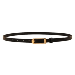Elegant thin black leather belt with golden square pin buckle for women dresses