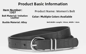 Detail showing crocodile texture black belt with dimensions 105cm length and 1.8cm width