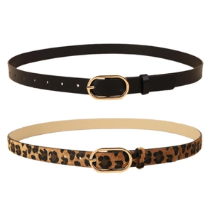 Women's thin belt set featuring black faux leather and leopard print with gold buckles