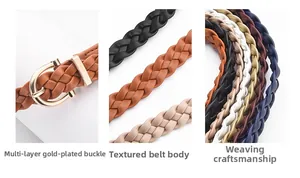 Detail of woven leather belt with gold horseshoe buckle in various classic colors