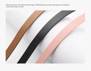 Detail of multi-layer edge oil process on rectangular buckle thin leather belts for women