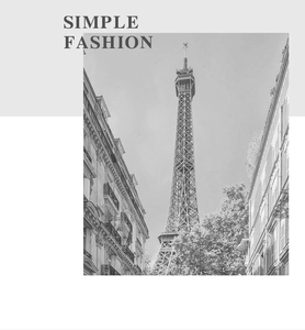 Artistic black and white print of the Eiffel Tower and classic Parisian street scenery