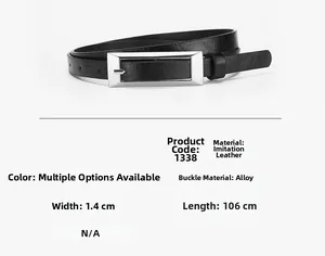 Detail view of women's black PU leather thin belt with silver rectangular alloy buckle
