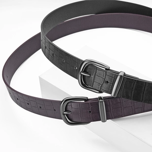 Women crocodile pattern PU leather belt with black matte buckle in black and purple colors