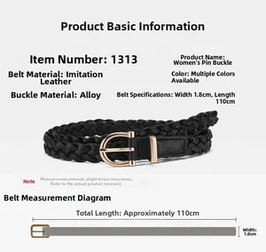 Detail view of black woven faux leather belt featuring a golden alloy D-ring pin buckle