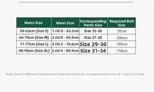 Size guide table for women rectangular dress belt showing waist sizes and belt lengths