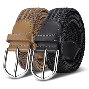 Elastic woven belts in black and brown with polished silver pin buckles for men and women