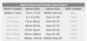 Comprehensive size chart for woven leather belts including waist length and pant size guide