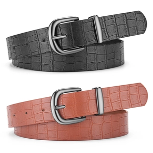 Women's crocodile texture PU leather belts with classic metal buckles in black and brown