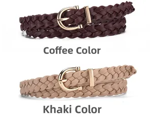 Detailed view of coffee and khaki woven skinny belts with gold-tone metal D-buckles