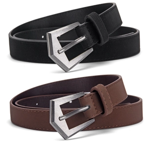 Vintage frosted PU leather belt for women with unique pentagonal buckle in black and brown