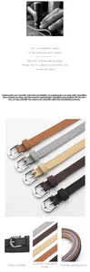 Detail showing various colors of thin suede belts with silver D-shaped alloy buckles