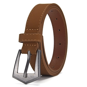 Vintage brown frosted PU leather belt for women featuring a unique geometric pin buckle
