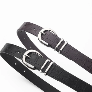 Bohemian crocodile embossed skinny belts in black and dark brown with silver pin buckle