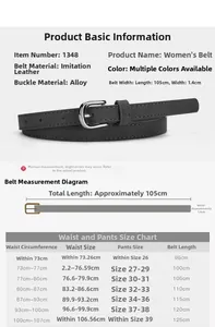 Size guide for women's faux leather skinny belt with measurements and size comparison chart