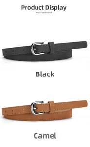 Slim suede belts in black and camel colors with polished silver metal pin buckles
