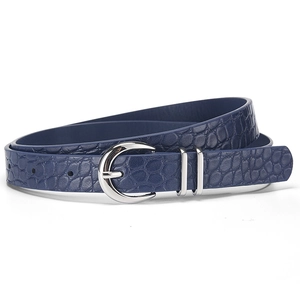 Navy blue crocodile pattern thin waist belt with polished silver D-shape metal buckle
