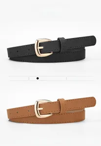 Détails des ceintures fines en cuir PU noir et camel avec boucle fer à cheval dorée