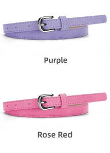 Detail view of purple and rose red faux suede skinny belts with silver pin buckles