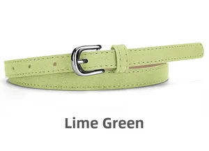 Detail of grass green suede slim belt for women with polished silver metal buckle