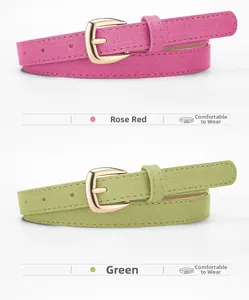 Détail de ceintures fines en daim rose et vert avec boucles dorées ovales rétro