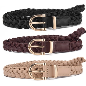 Women Vintage PU Leather Woven Belt Thin Braided Waist Belt With Gold Horseshoe Buckle Retro Adjustable Waistband For Dress