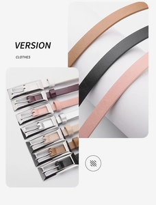 Detail view of thin rectangular belts in seven colors with classic silver square buckles