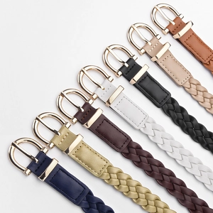 Set of seven woven leather belts for women with stylish gold alloy pin buckles