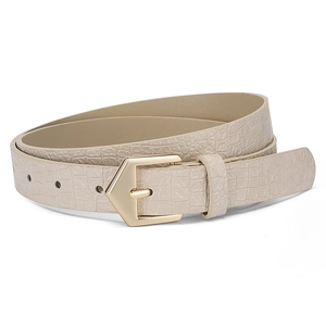 Cintura da donna beige in pelle PU con motivo a coccodrillo e fibbia dorata a pentagono