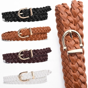 Women's braided PU leather belts set with gold horseshoe buckle in four colors