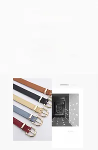 Close-up of minimalist women's thin belts with horseshoe buckles in multiple colors