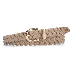 Women's braided leather belt in khaki with a gold horseshoe buckle and pin closure