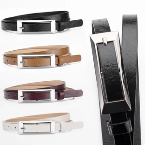 Women's sleek rectangular buckle thin leather belt available in black, brown, and wine red