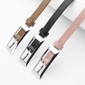 Minimalist rectangular buckle thin waist belt set in black, brown and pink leather