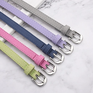 Set of five colorful suede skinny belts for women featuring classic silver pin buckle