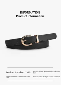 Detail view of black leather belt with gold horseshoe buckle showing size 105cm x 1.8cm